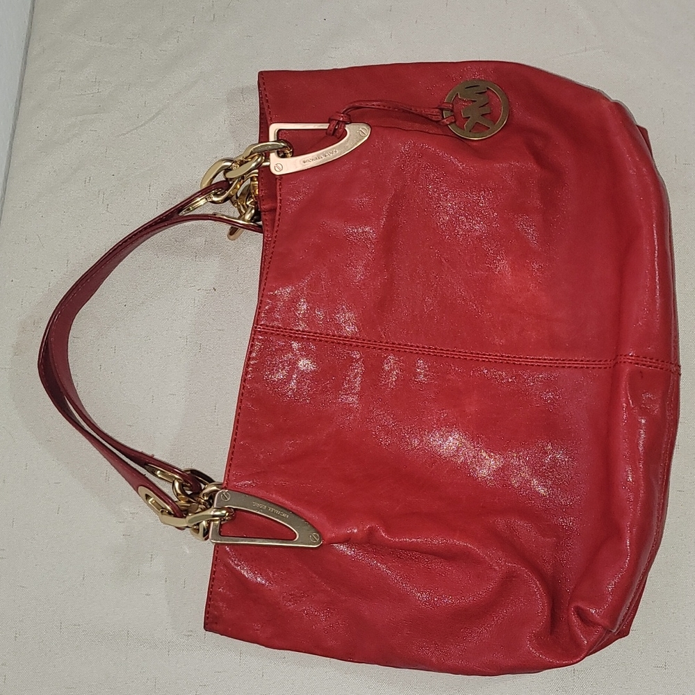 MICHAEL KOR Vintage Red Leather w/ Gold Hardware Handbag